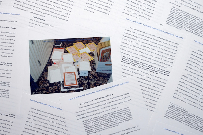 Pages from a Department of Justice court filing, including a photo of more files.