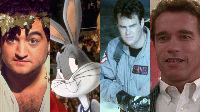 A composite image of Ivan Reitman films (from left to right): Animal House, Space Jam, Ghostbusters and Kindergarten Cop.
