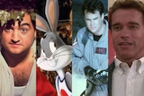 A composite image of Ivan Reitman films (from left to right): Animal House, Space Jam, Ghostbusters and Kindergarten Cop.
