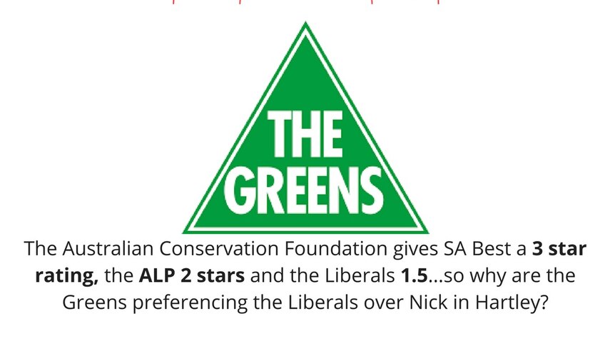 An electoral ad by Nick Xenophon falsely claiming a Liberal-Greens deal.