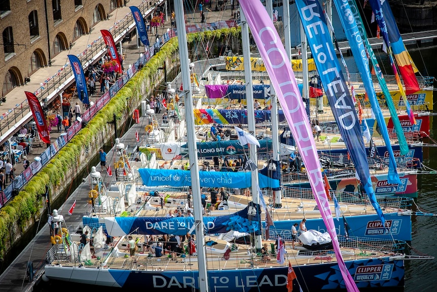 Yachts with colourful sails docked at a marina.