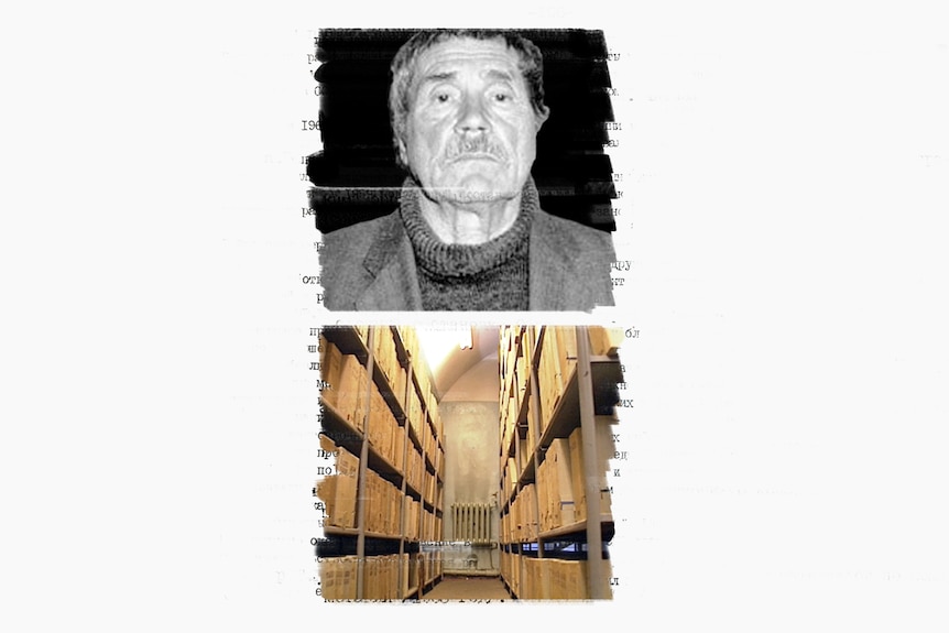 Two images, One of a man looking sternly at the camera, another of shelves of archive boxes.