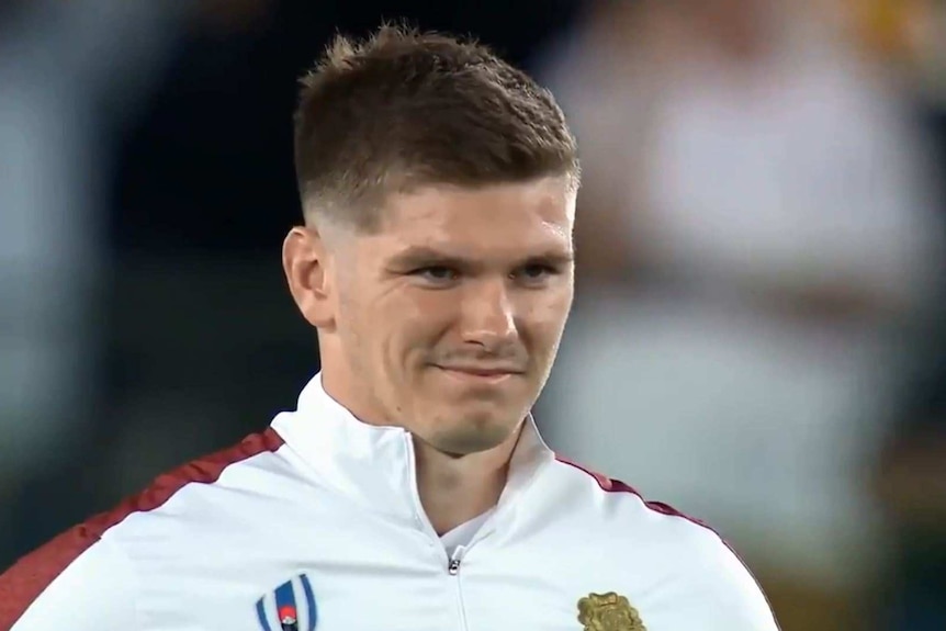 England captain Owen Farrell smirks during the haka before the Rugby World Cup semi-final against New Zealand.