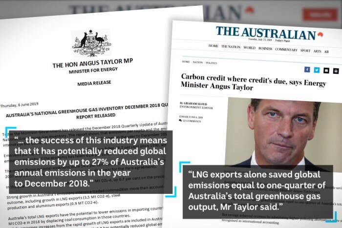 A government statement and a report in The Australian say LNG exports cut emissions by a quarter of Australia's yearly total