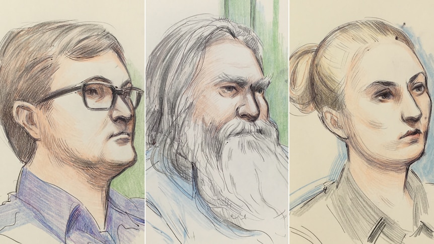 Three courtroom drawings of a young man in glasses, an old man with long white hair and a white beard and a young woman.