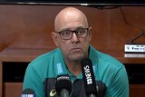 Coach Darren Lehmann speaks to reporters at a press conference.