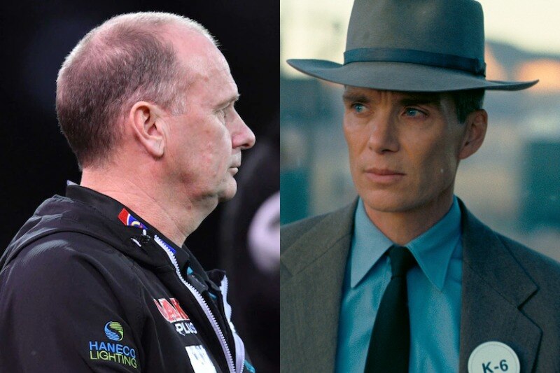 A composite image of Ken Hinkley and the movie Oppenheimer.