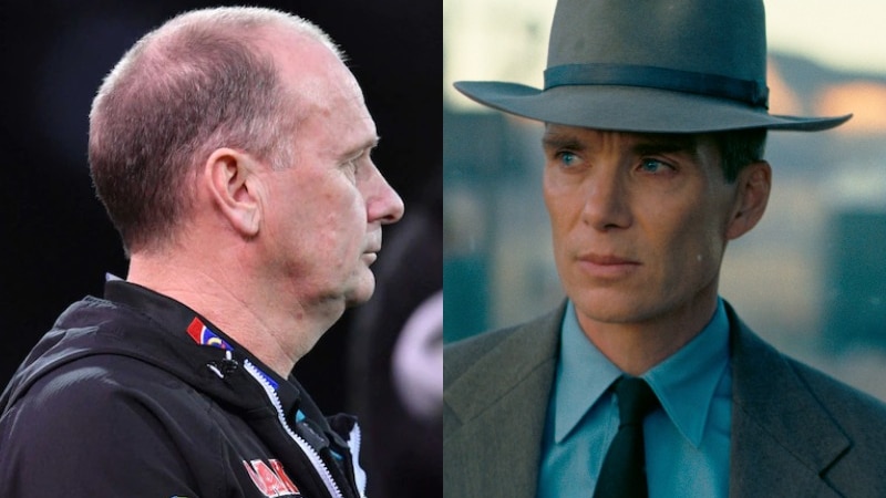 A composite image of Ken Hinkley and the movie Oppenheimer.