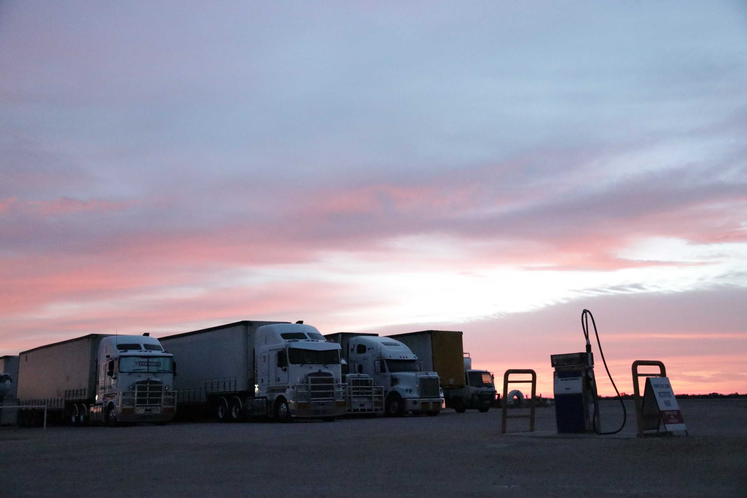 Several large semi trailer trucks parked next to each other under a pink dusk sky.