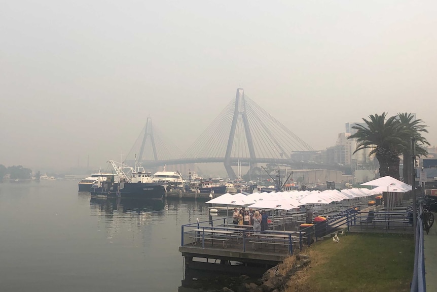 Smoky skies over the Anzac Bridge.