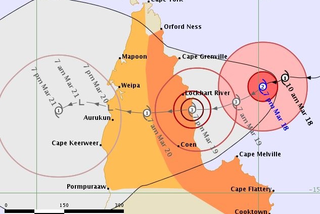 A forecasted tracking map of Tropical Cyclone Trevor as it heads toward Queensland coast.