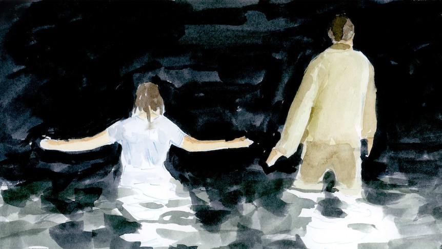 An illustration of a girl and a man wading into water at night.