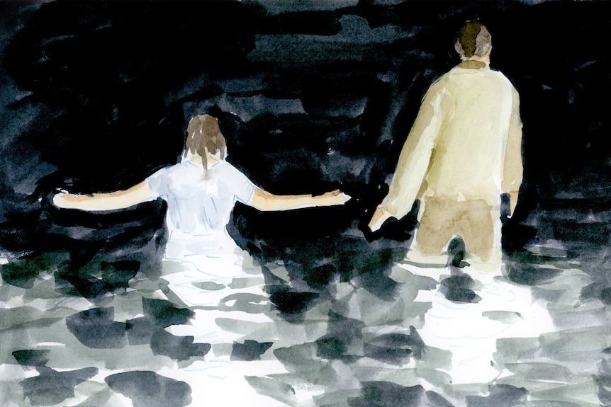 An illustration of a girl and a man wading into water at night.