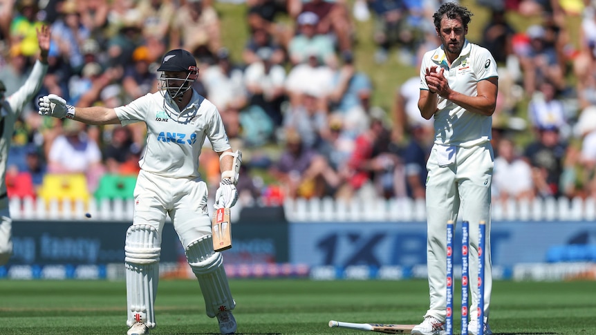 Mitchell Starc flinches as the stumps are thrown down, with Kane Williamson out of his crease behind him