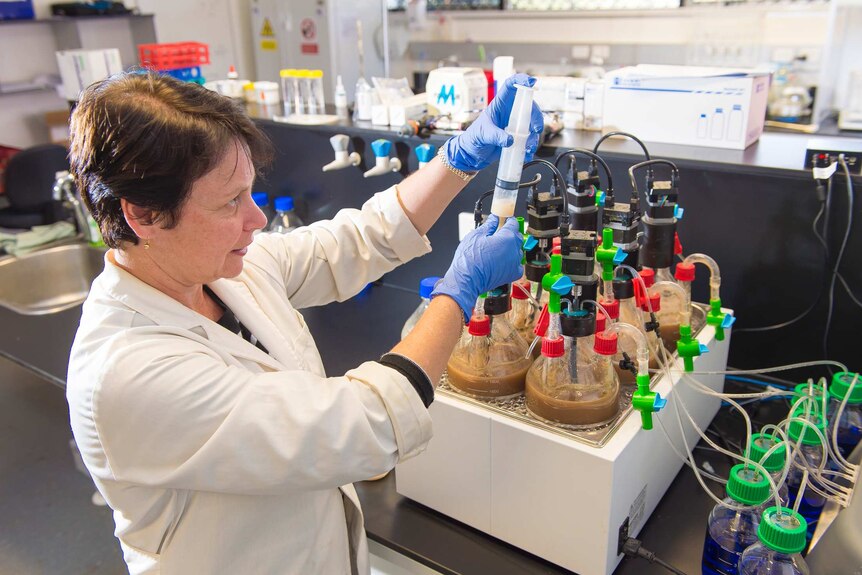 Woman in lab coat holds large syringe in front of bottles of brown sludge generating methane gas