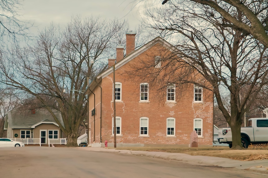 A brick building.