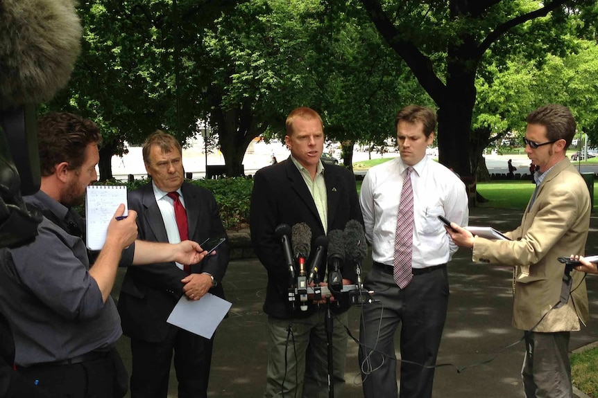 Tasmania's forestry peace deal negotiators talk to reporters in Hobart.