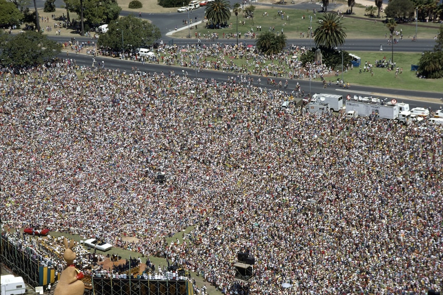 A massive crowd shot from the air.