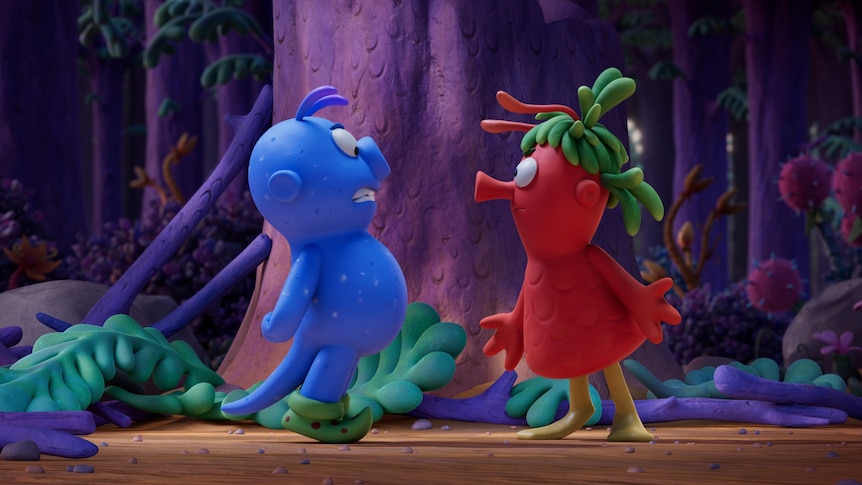 A blue character and a red character looking at each other