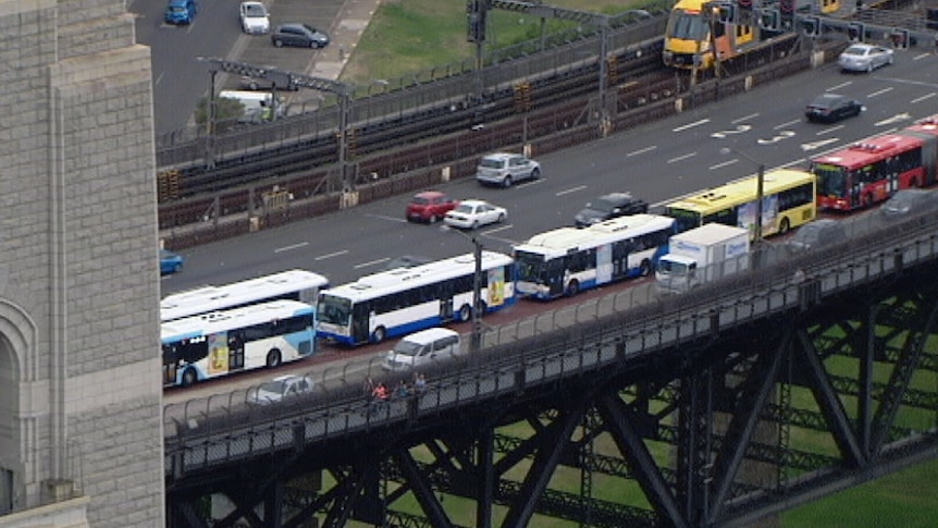Buses backed up on the Sydney Harbour Bridge