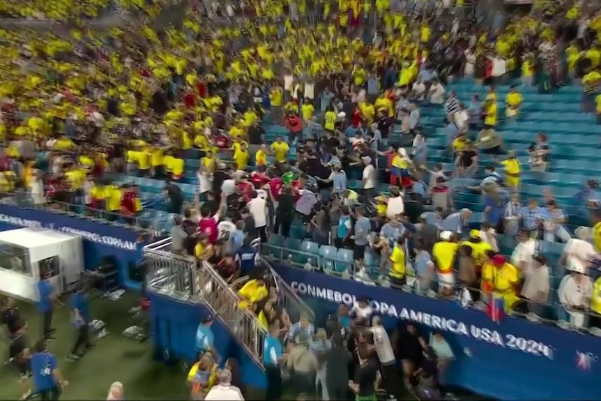 A spider cam shot of a crowd at a football match.