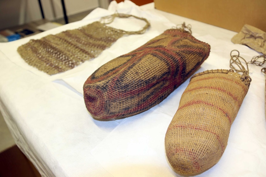 Three woven baskets that were part of the haul found in the flour bin.