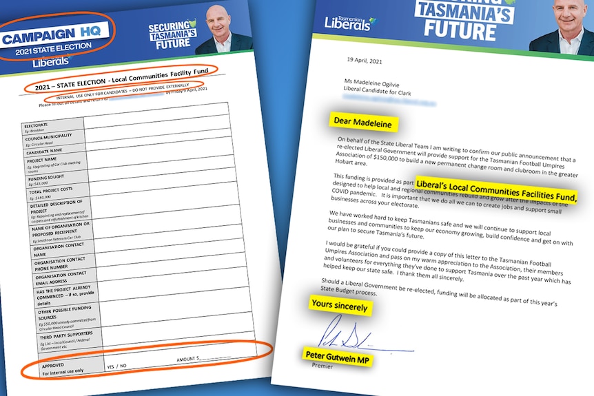 A graphic showing a grants form and a letter, with some excerpts highlighted.