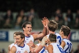 Western Bulldogs players celebrate a goal against the Eagles