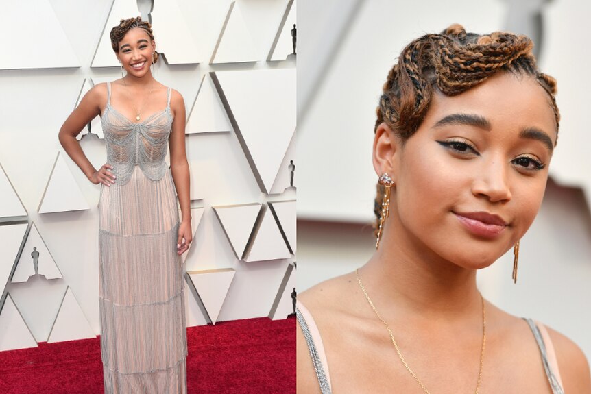 Amandla Stenberg arrives at the Oscars in a silver beaded gown.