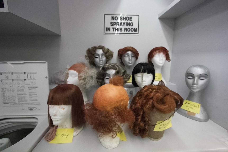 Different shapes and styles of wigs in a dressing room.