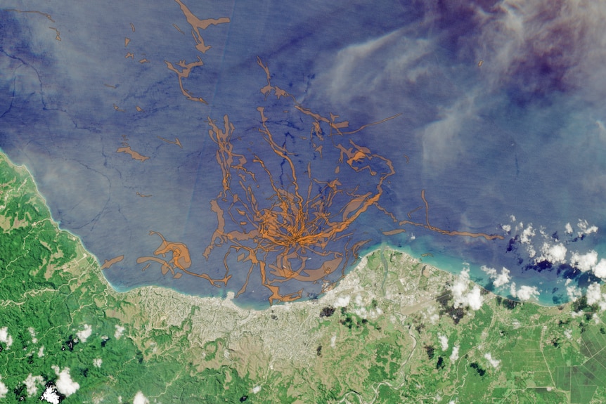 A satellite image showing oil slicks.
