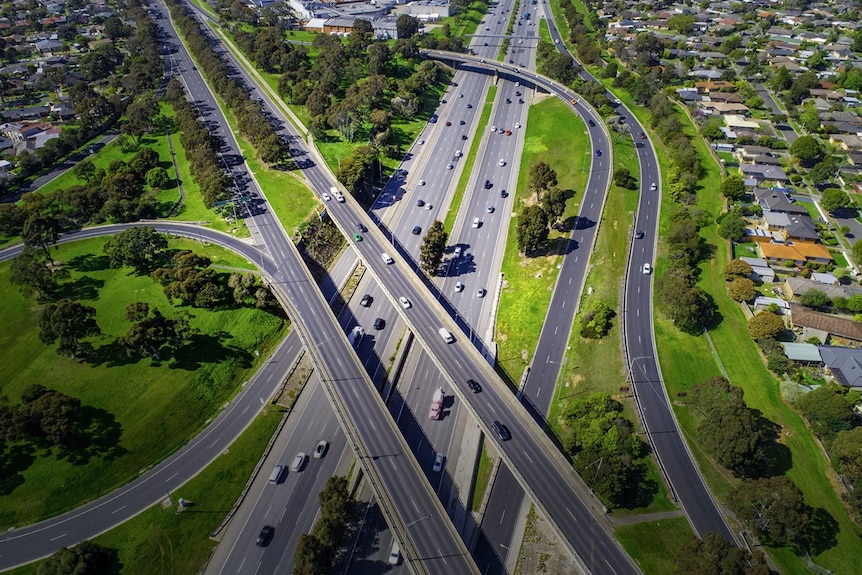 An aerial view of motorways crossing over each other.