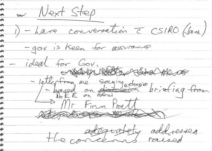 James Johnson hand written notes of DoEE teleconf 5 April 2019