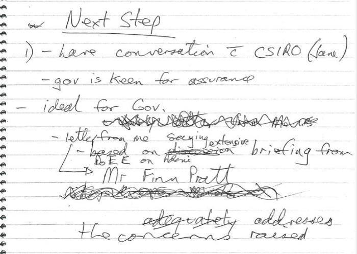 James Johnson hand written notes of DoEE teleconf 5 April 2019