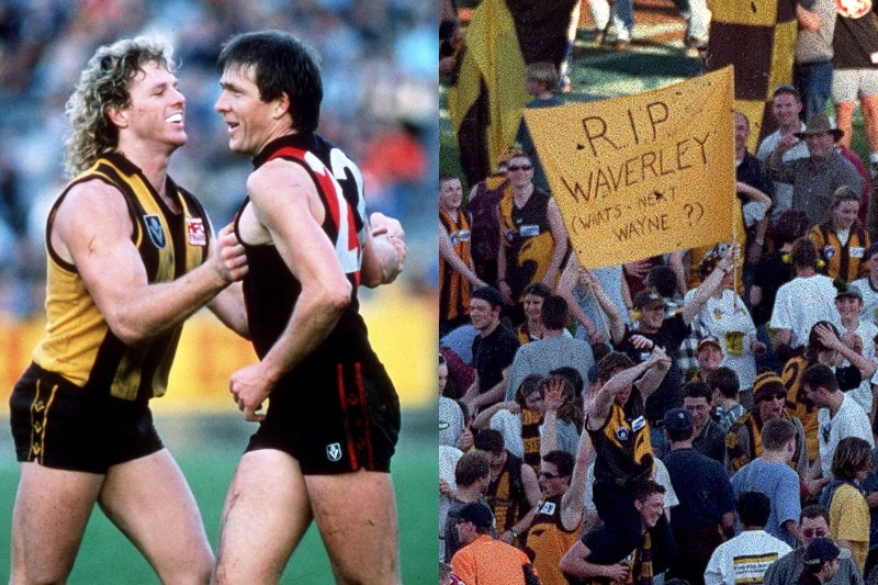 A composite image showing Dermott Brereton and a sign reading RIP Waverley from the final AFL match at Waverley Park.
