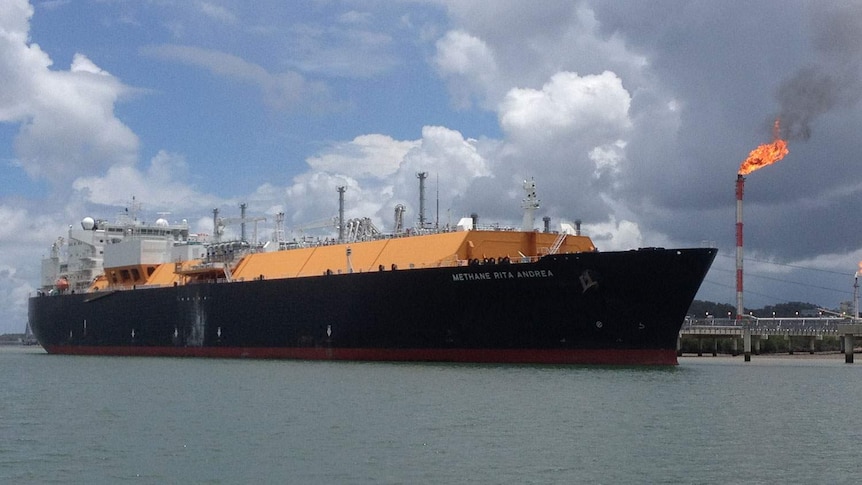 LNG tanker loading at the port on Curtis Island