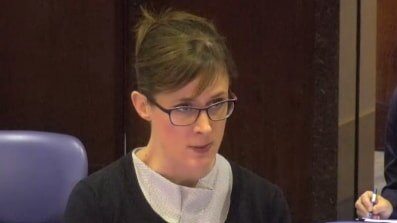 An image of barrister Rowena Orr asking a question