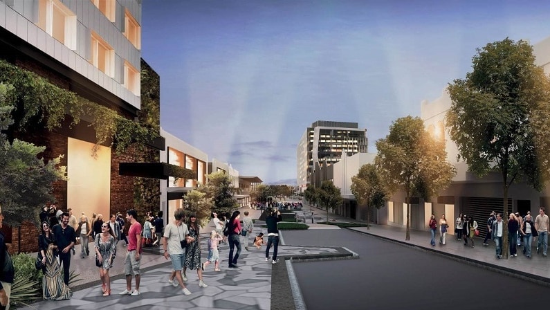 Pedestrians and trees in streetscape artist's impression of design plan for Ipswich mall redevelopment.