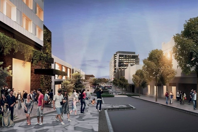 Pedestrians and trees in streetscape artist's impression of design plan for Ipswich mall redevelopment.