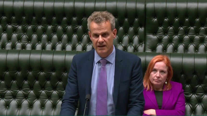 Newcastle MP tim crakanthorp standing in NSW Parliament. He is giving a speech to the House.