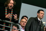 Selling his stake? Russell Crowe (L) alongside Rabbitohs co-owner Peter Holmes a Court.