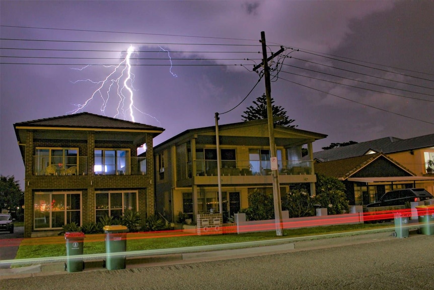 Lightning streets in the backdrop of a Kurnell street last night.