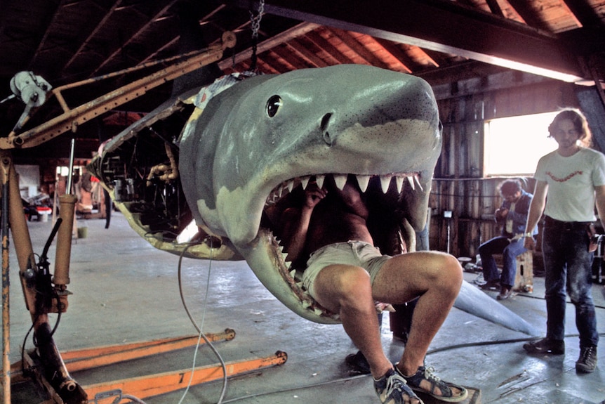 A man lays down with his arms up fixing a part inside the mouth of a large mechanical shark in a garage