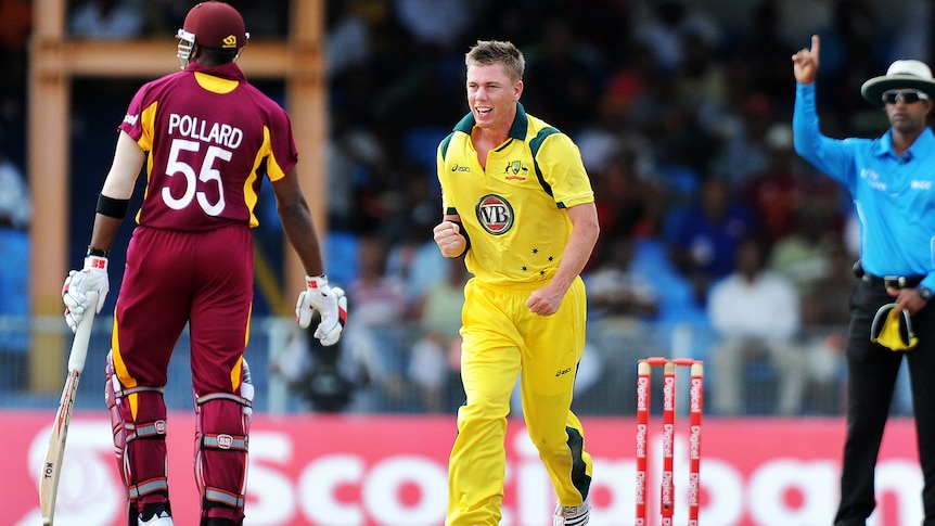 Xavier Doherty claims the wicket of Carlton Baugh