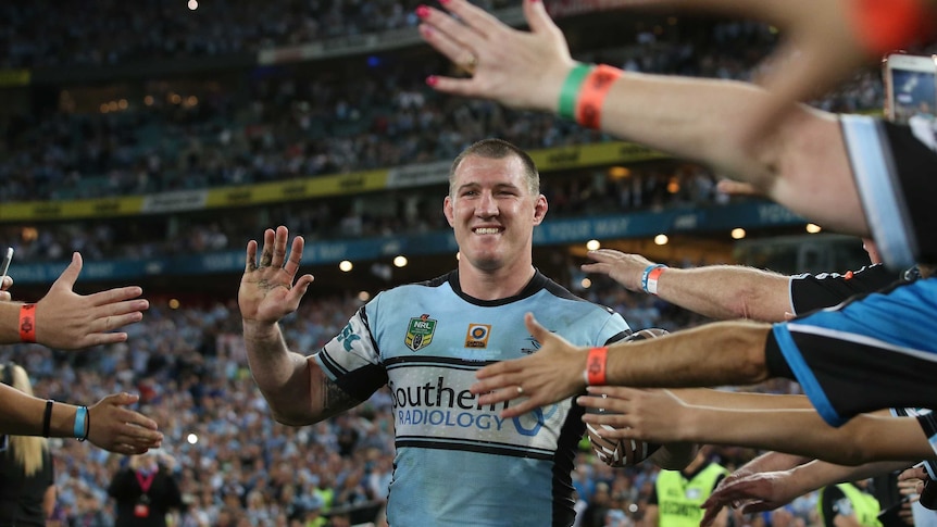 Cronulla's Paul Gallen celebrates after his team's 2016 NRL Grand Final win over Melbourne.
