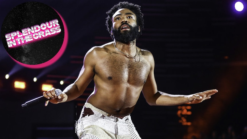 A live shot of Childish Gambino with a 'sticker' logo of Splendour In The Grass