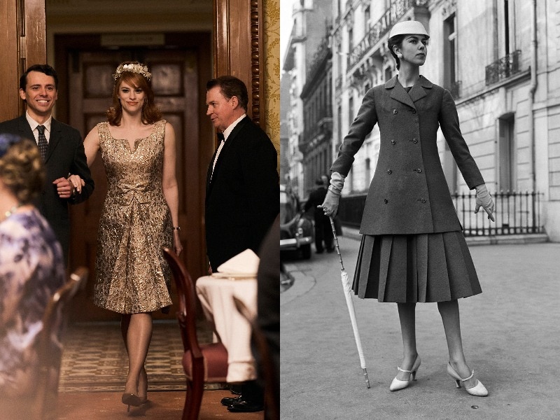 A composite image includes a shot of a character from Ladies in Black (left) and a model wearing a Dior dress (right)