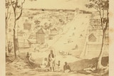 A detailed drawing shows a group of Aboriginal people overlooking the beginnings of the city of Melbourne being built.