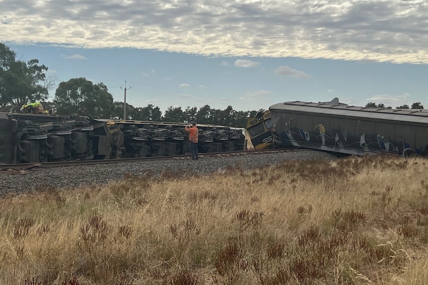 A train on its side in the country.