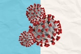 Three COVID viruses overlaid on a blue and white background